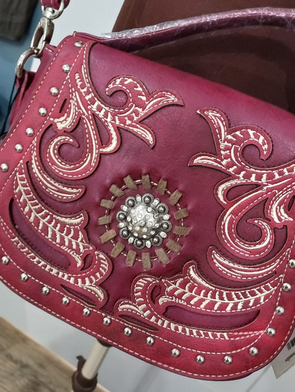 Embroidered Floral Western Concho Wine Crossbody Bag